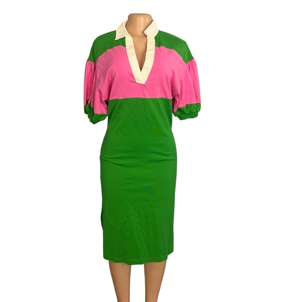 Kate Spade New York Colorblock Green and Pink Pattern Midi Length Dress
